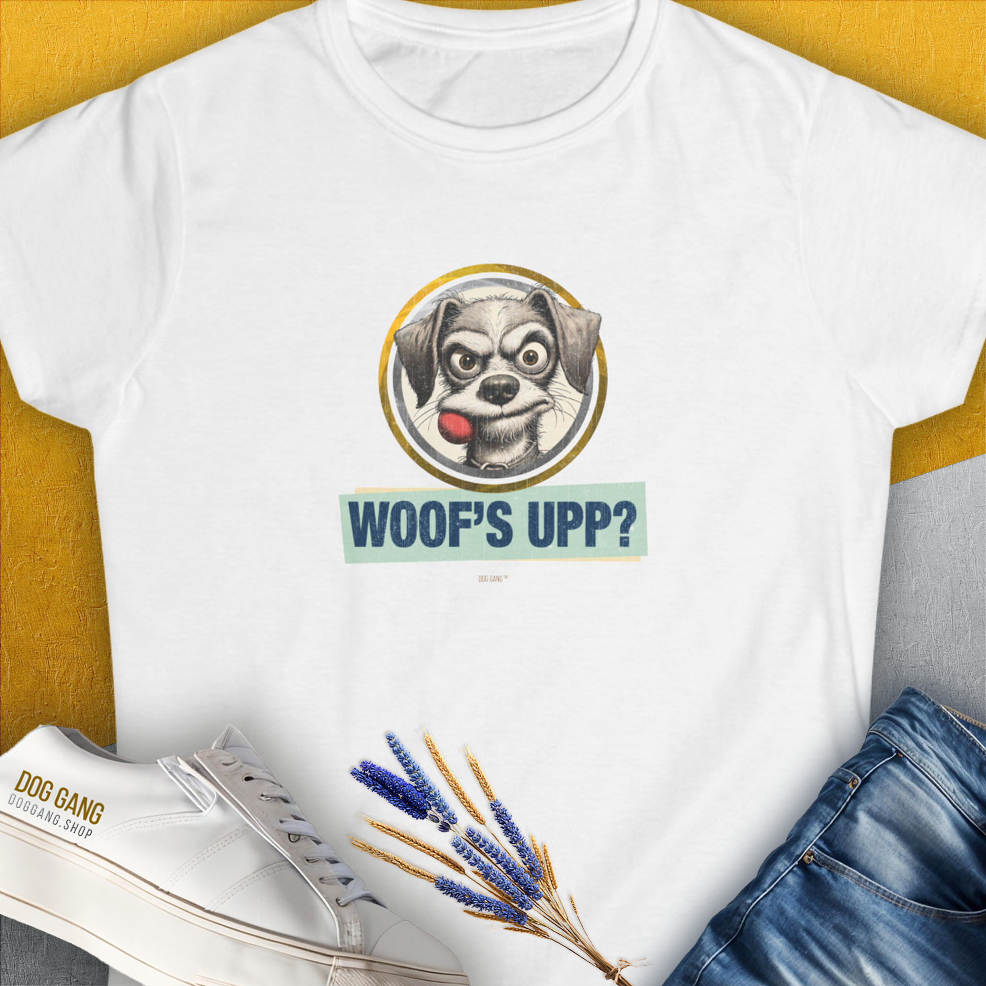 Woof's Upp? Volume 1, Women's T-Shirt-White. For dog lovers and dog owners. Design by Dog Gang