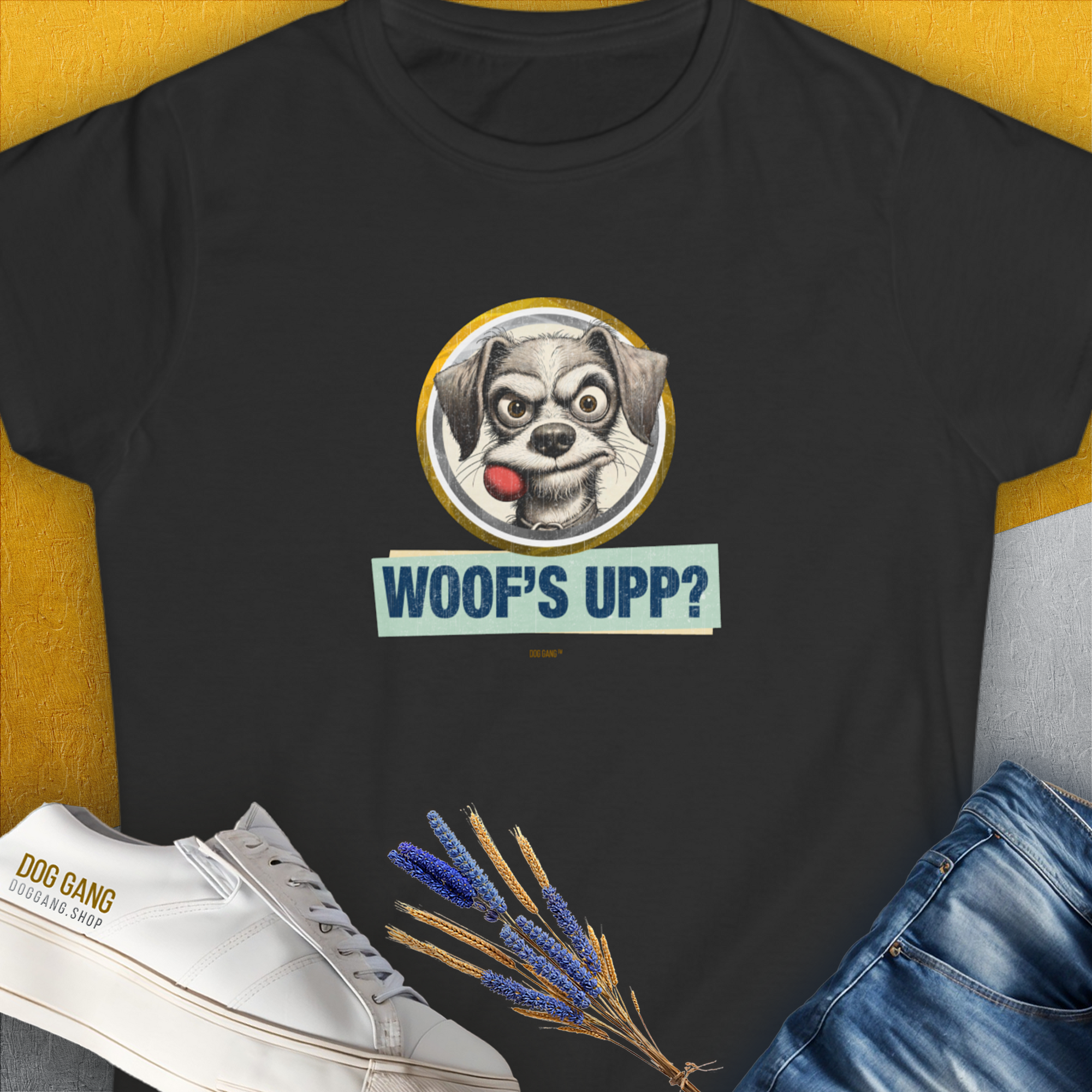 Woof's Upp? Volume 1, Women's T-Shirt-Black. A perfect gift for dog lovers and dog owners. Design by Dog Gang