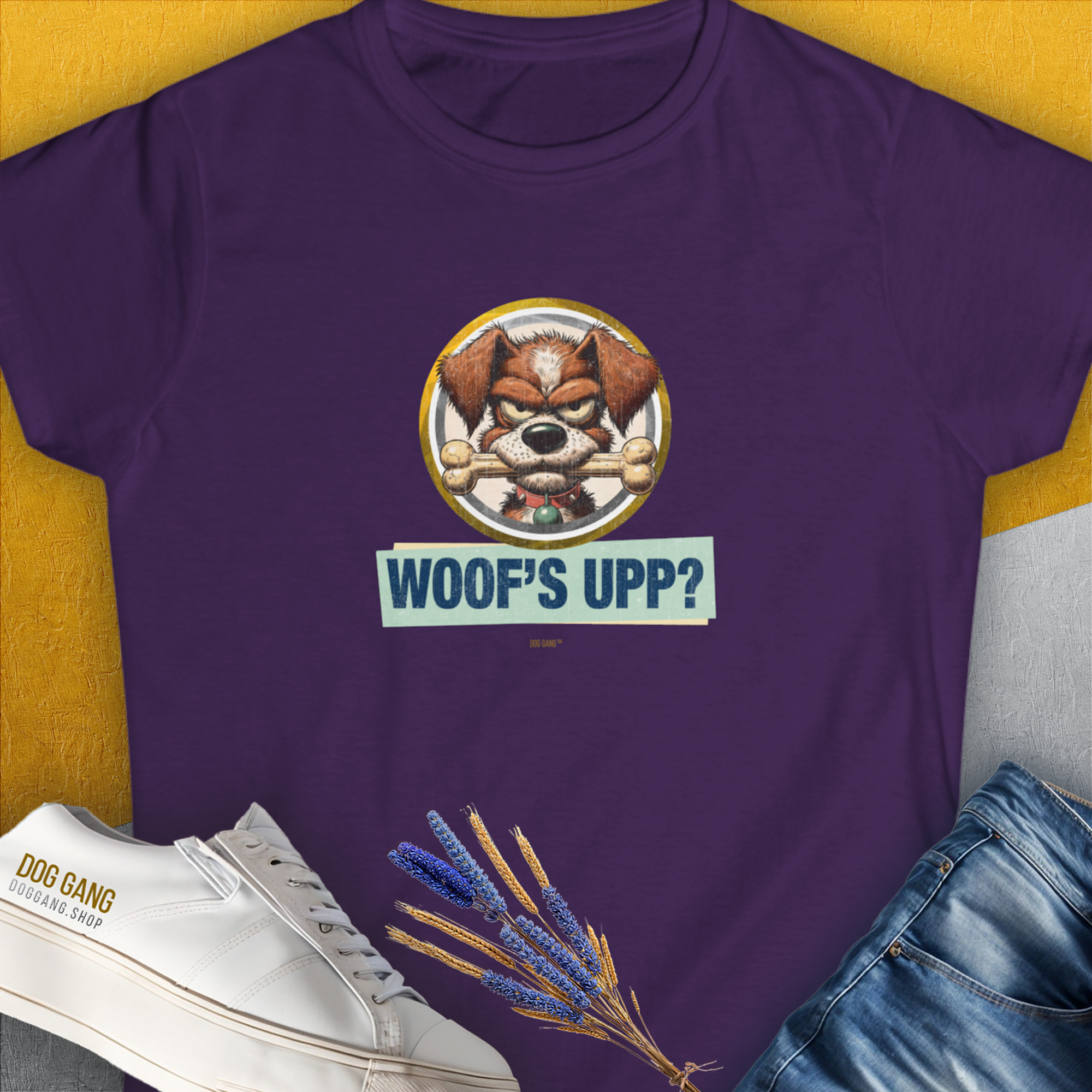 Woof's Upp? Volume 2, Women's T-Shirt-Purple, a cool and stylish design with a funny saying from Dog Gang
