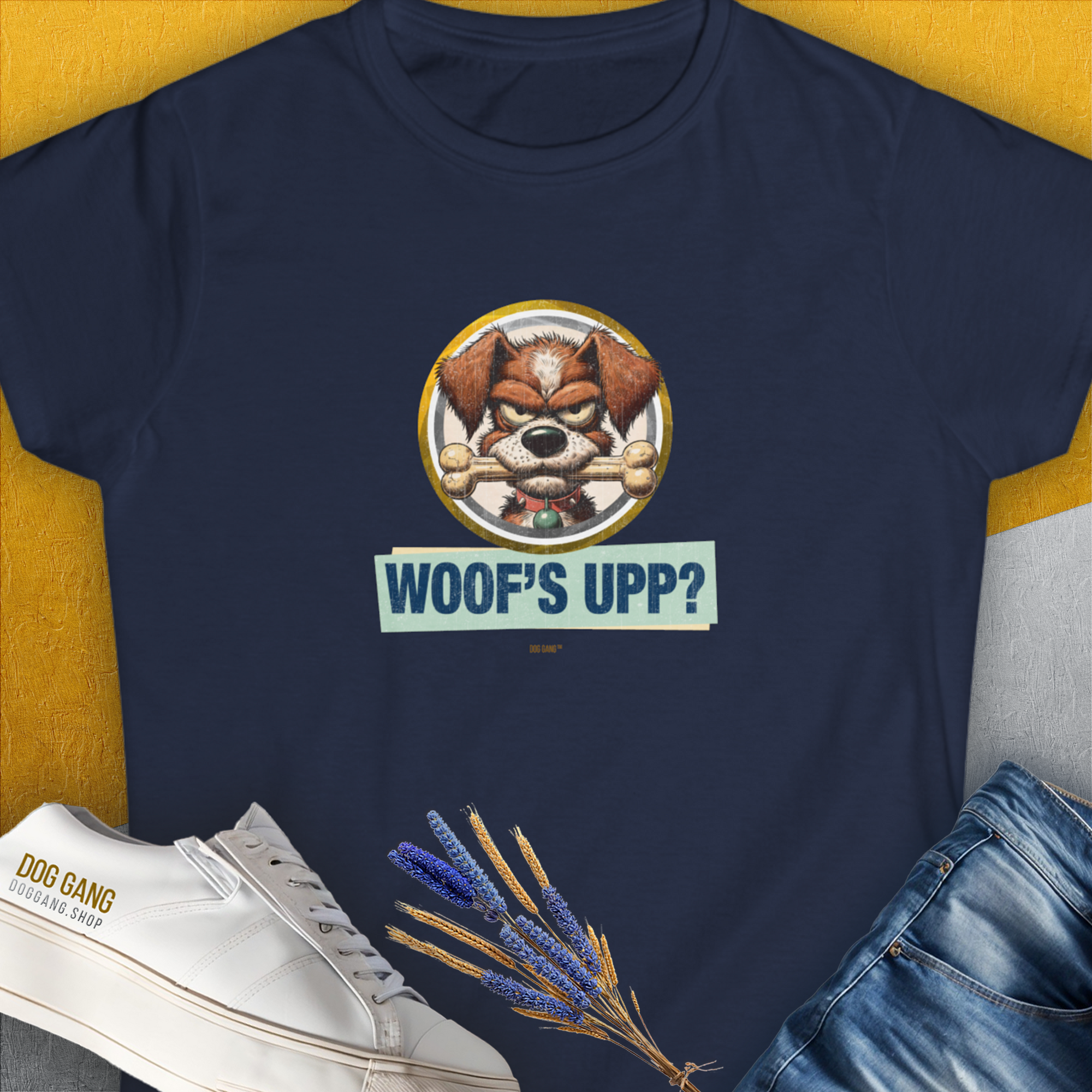 Woof's Upp? Volume 2, Women's T-Shirt-Navy. A perfect gift for dog lovers and dog owners. Design by Dog Gang