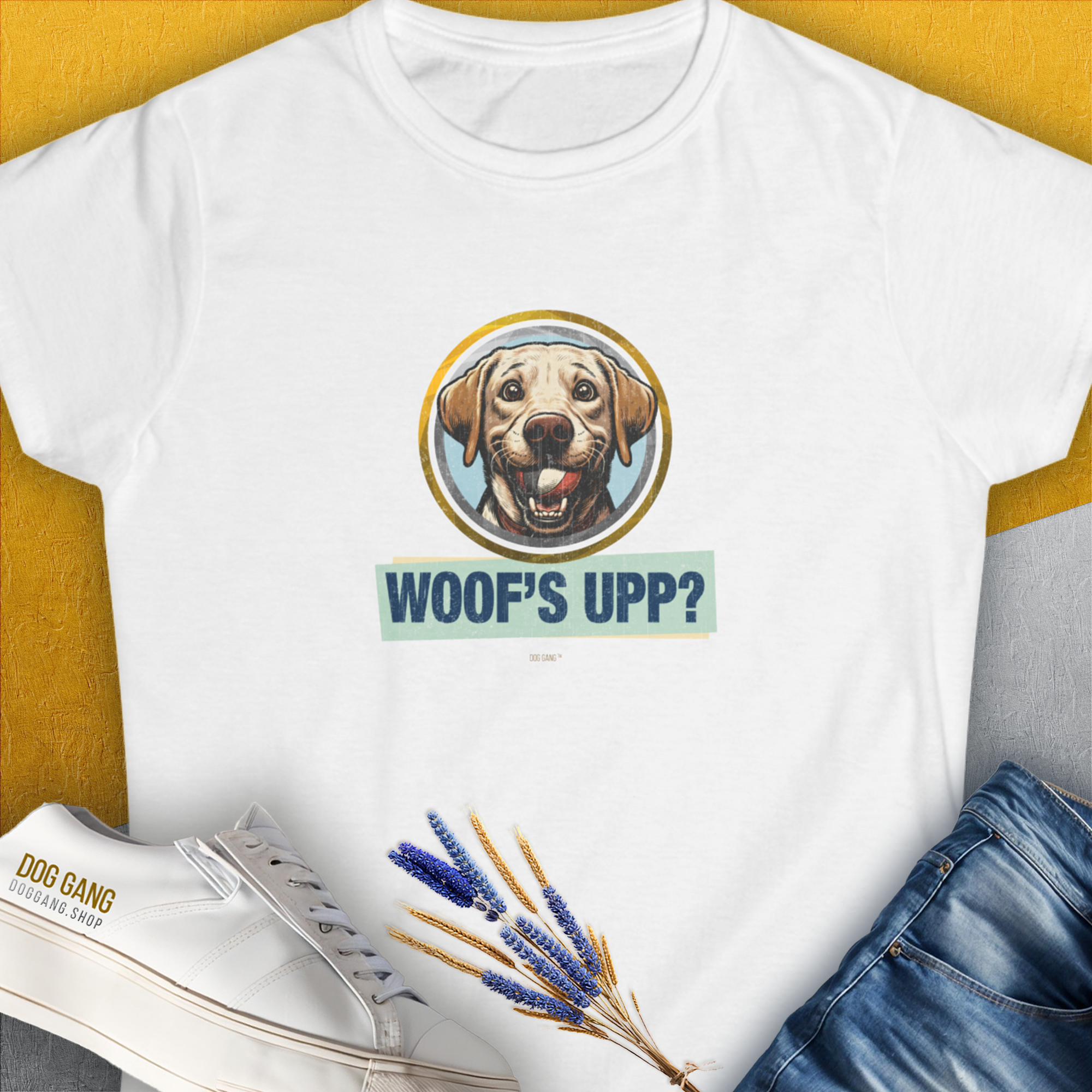 Woof's Upp? Volume 3, Women's T-Shirt-White. For dog lovers and dog owners. Design by Dog Gang