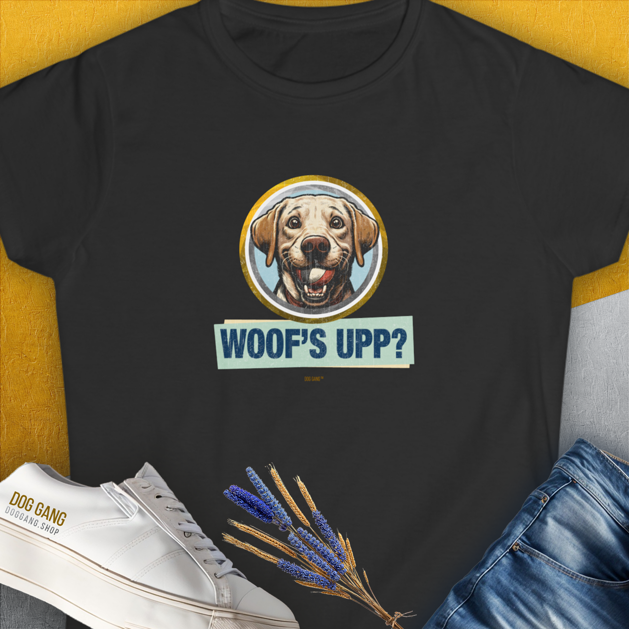 Woof's Upp? Volume 3, Women's T-Shirt-Black. A perfect gift for dog lovers and dog owners. Design by Dog Gang