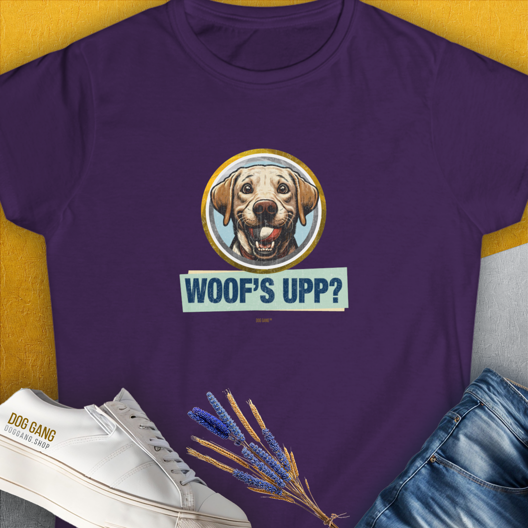 The Woofs Upp? Volume 3 Womens T-Shirt features a cute dog design with the playful WOOFS UPP? phrase, perfect for any dog lover. Designed by Dog Gang.