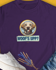 The Woofs Upp? Volume 3 Womens T-Shirt features a cute dog design with the playful WOOFS UPP? phrase, perfect for any dog lover. Designed by Dog Gang.