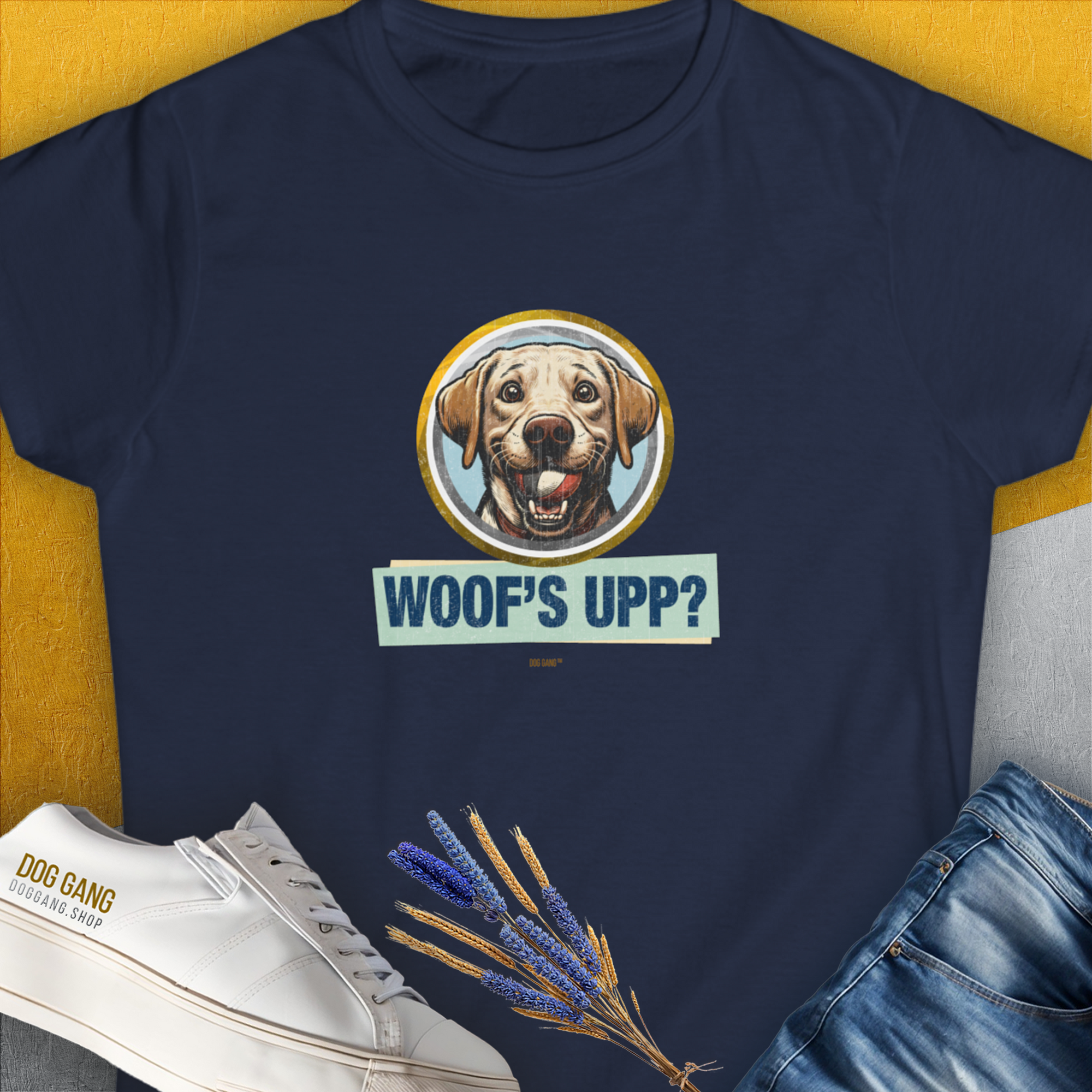 Woof's Upp? Volume 3, Women's T-Shirt-Navy, a cool and stylish design with a funny saying from Dog Gang