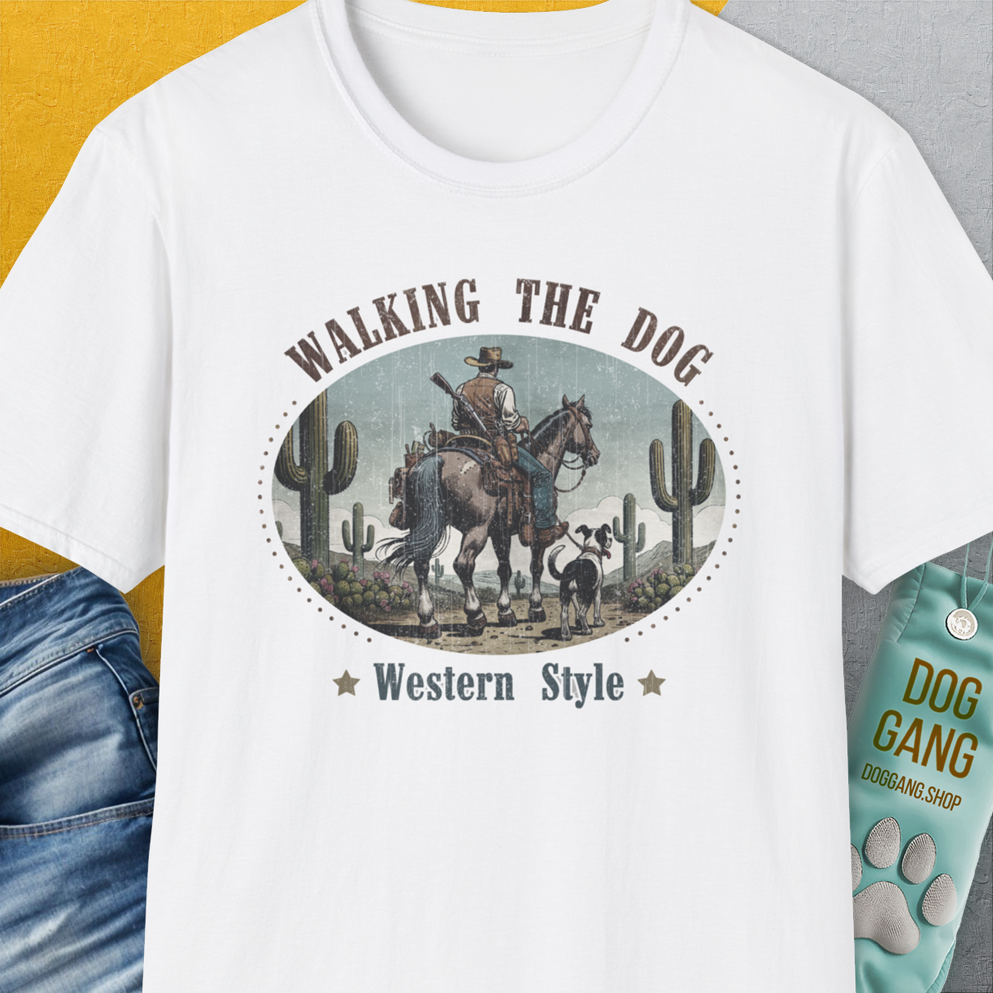 Walking The Dog, Western Style, Volume 2, Unisex T-Shirt-White, Design by Dog Gang
