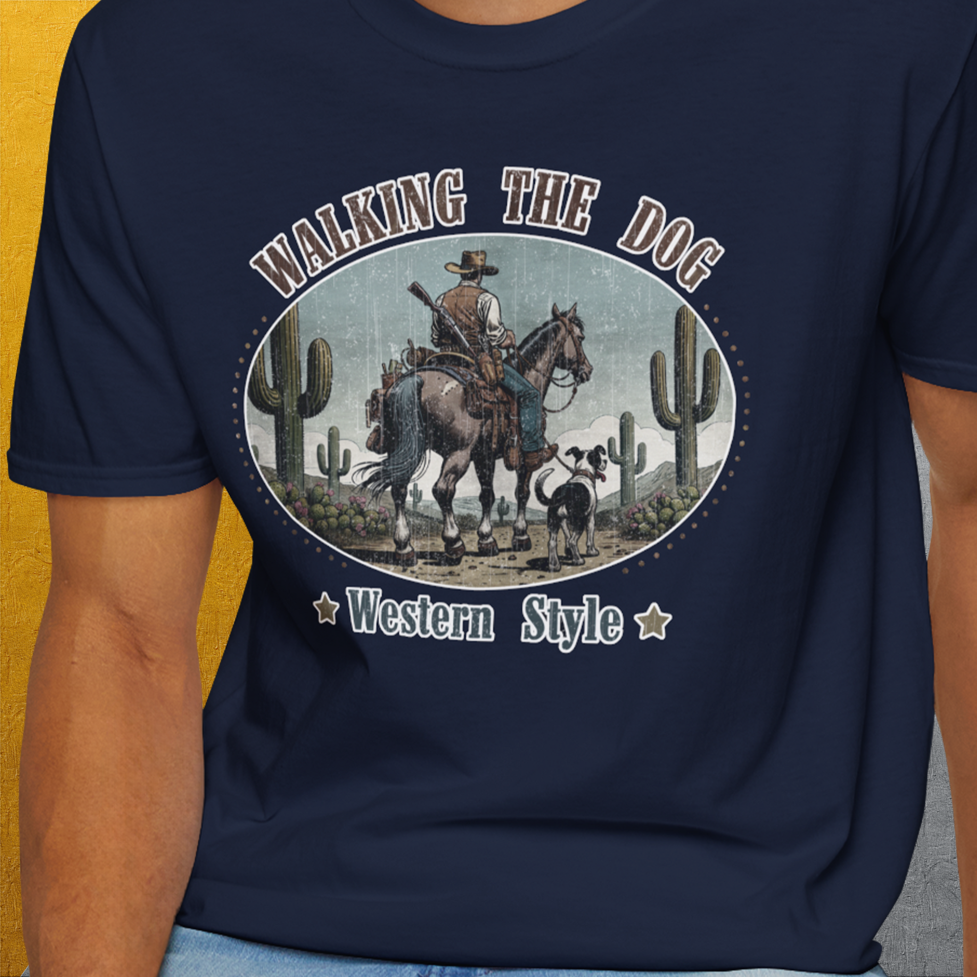 Walking The Dog, Western Style, Volume 2, Unisex T-Shirt-. For dog lovers and dog owners. Design by Dog Gang