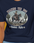 Walking The Dog, Western Style, Volume 2, Unisex T-Shirt-. For dog lovers and dog owners. Design by Dog Gang