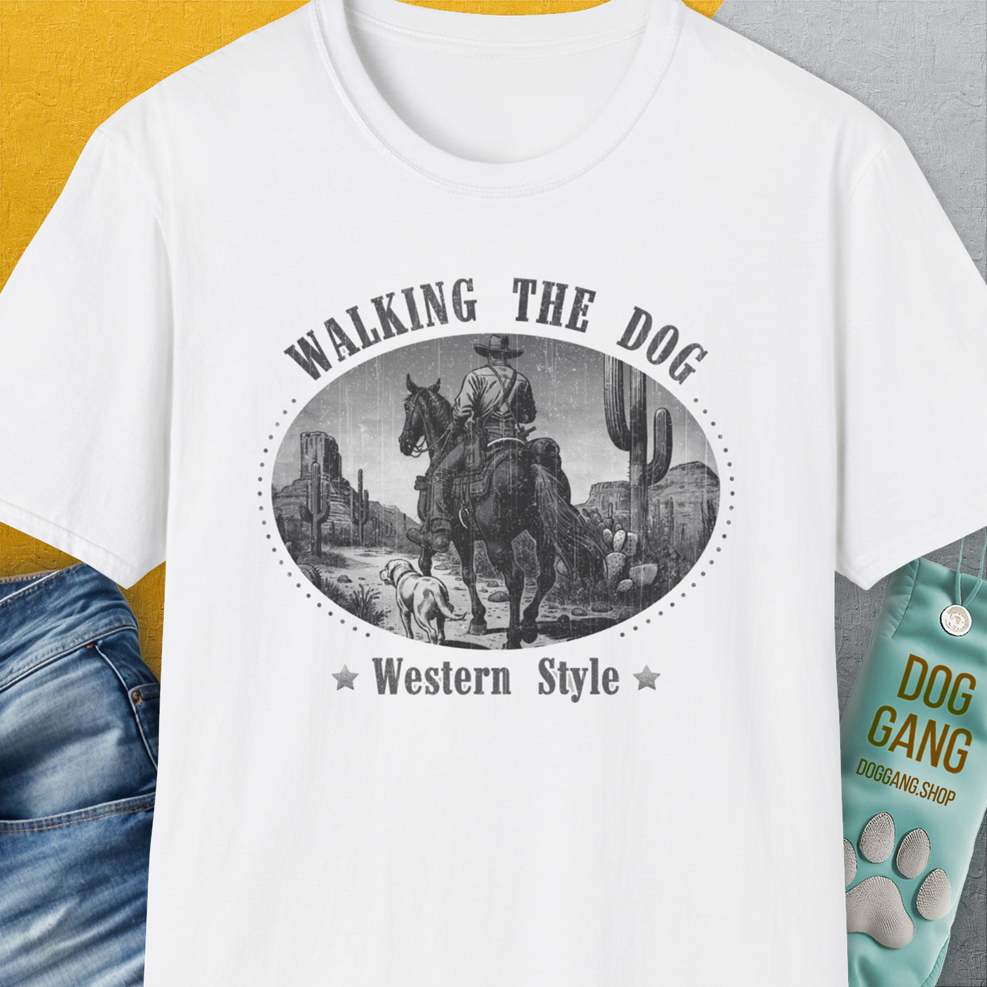 Walking The Dog, Western Style, Volume 3, Unisex T-Shirt-White. A perfect gift for dog lovers and dog owners. Design by Dog Gang