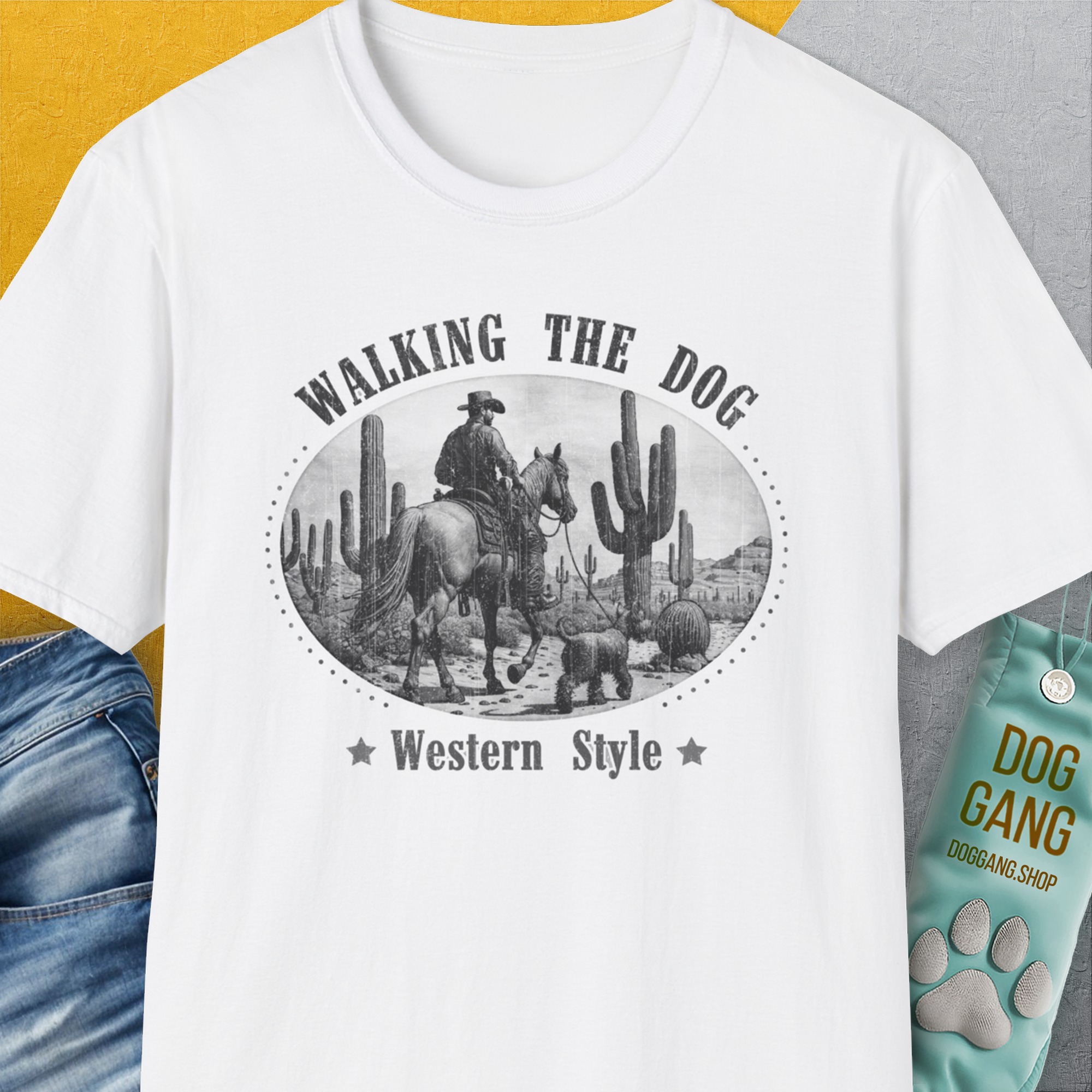Walking The Dog, Western Style, Volume 1, Unisex T-Shirt-White. A perfect gift for dog lovers and dog owners. Design by Dog Gang