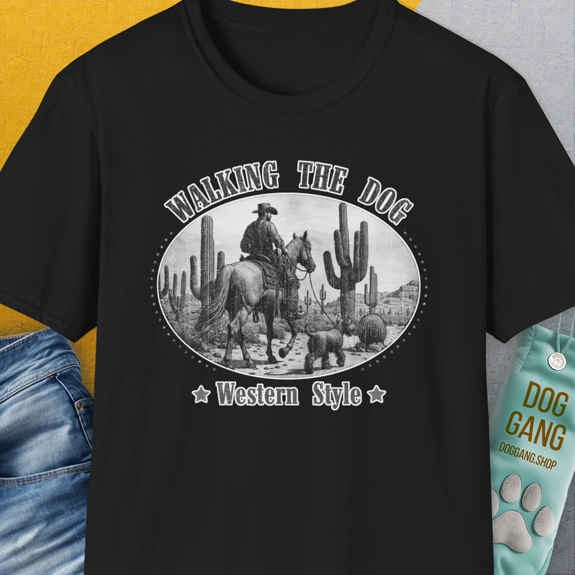 Walking The Dog, Western Style, Volume 1, Unisex T-Shirt-Black, Design by Dog Gang