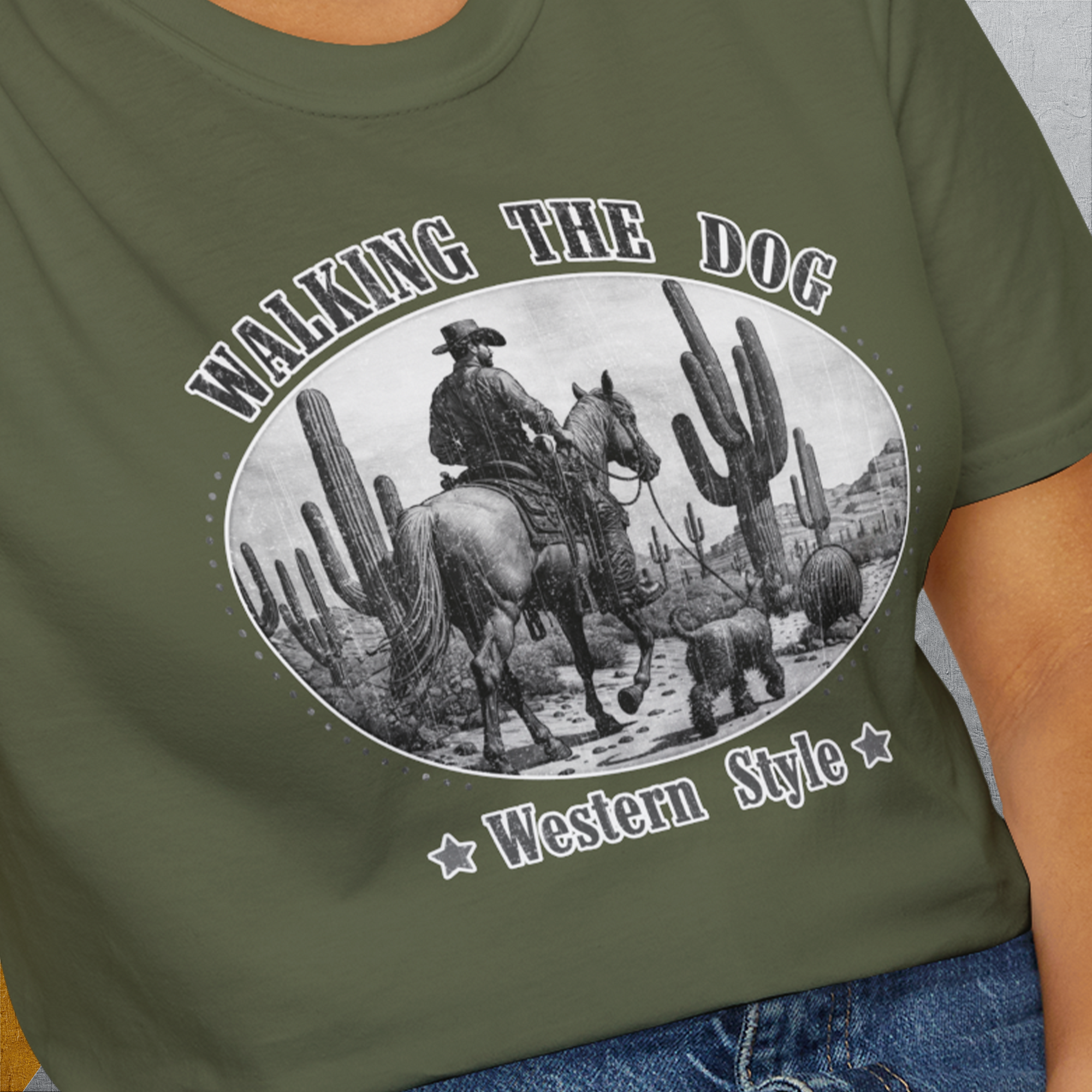 Walking The Dog, Western Style, Volume 1, Unisex T-Shirt-, a fun and stylish design for dog lovers from Dog Gang