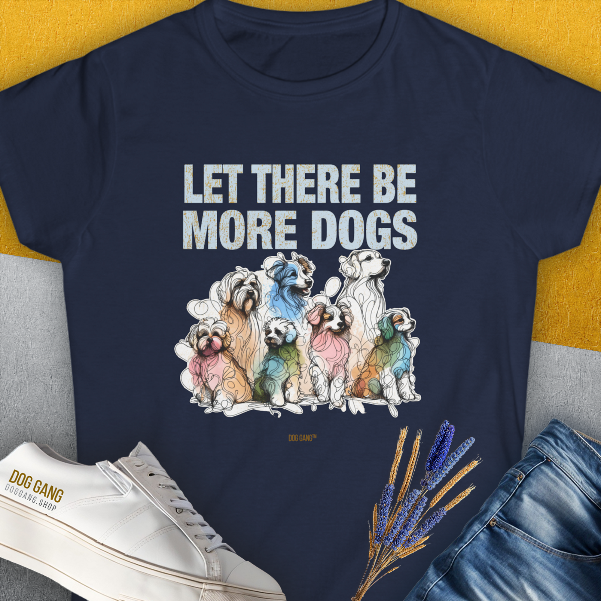 Let There Be More Dogs, Women's T-Shirt-Navy. A dog-themed Design from Dog Gang