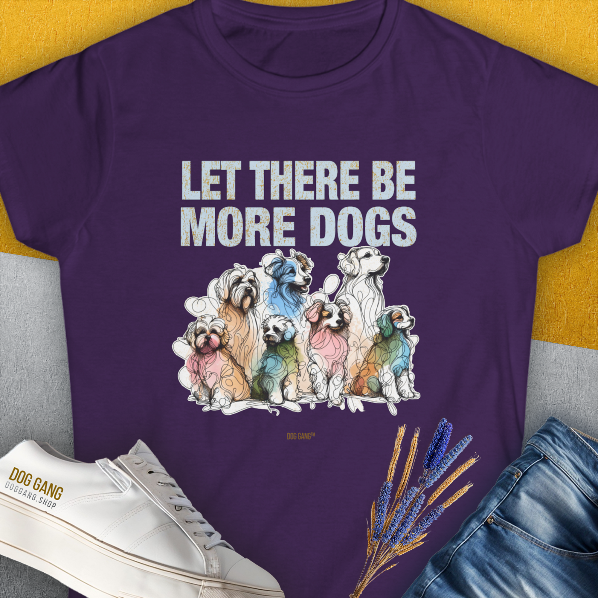 Let There Be More Dogs, Women&#39;s T-Shirt-Purple, a cool and stylish design with a funny saying from Dog Gang