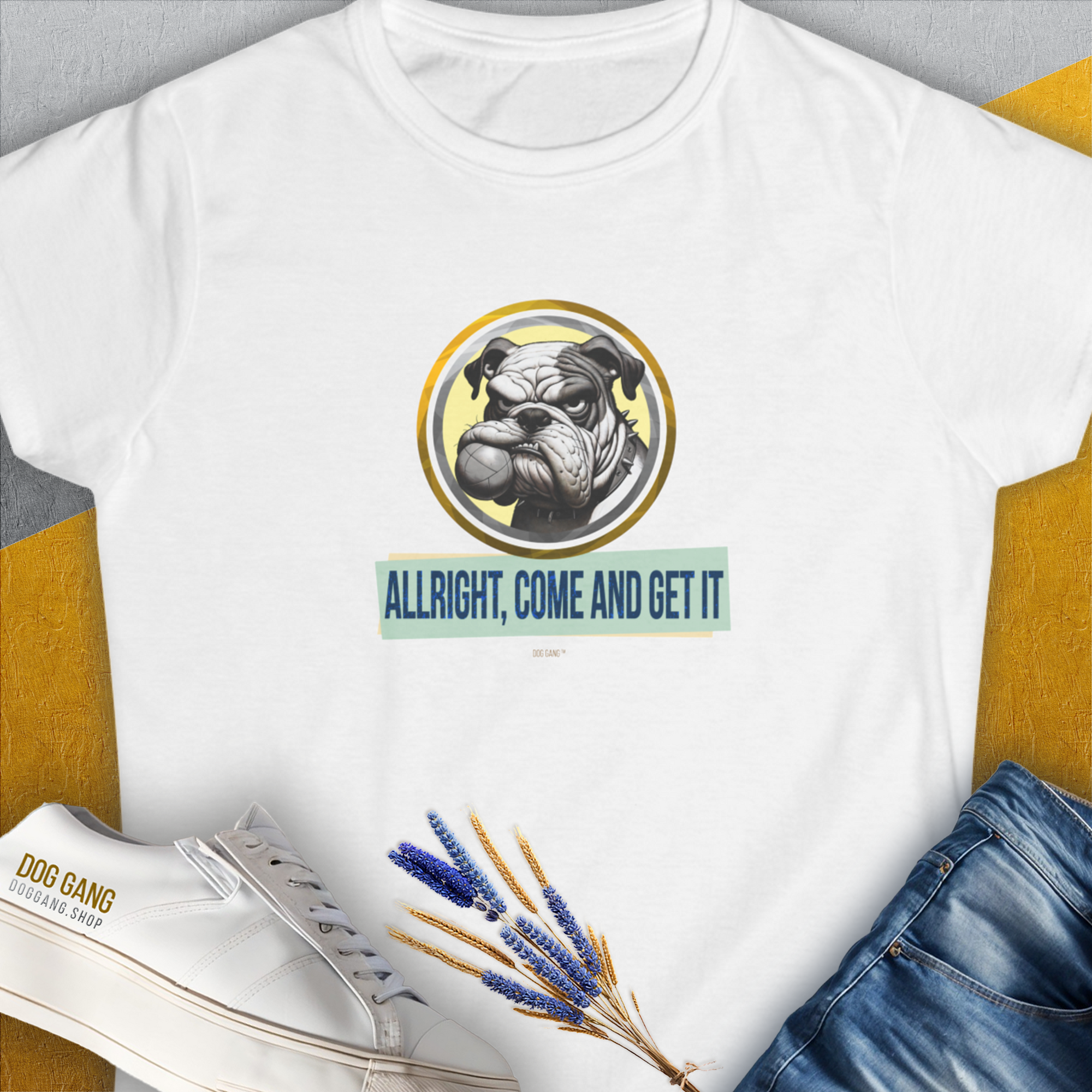 Allright Come And Get It, Volume 1, Women's T-Shirt-White. For dog lovers and dog owners. Design by Dog Gang