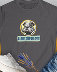 Allright, Come and Get It text on charcoal shirt. Perfect for a dog lover with a vintage design. Designed by Dog Gang.