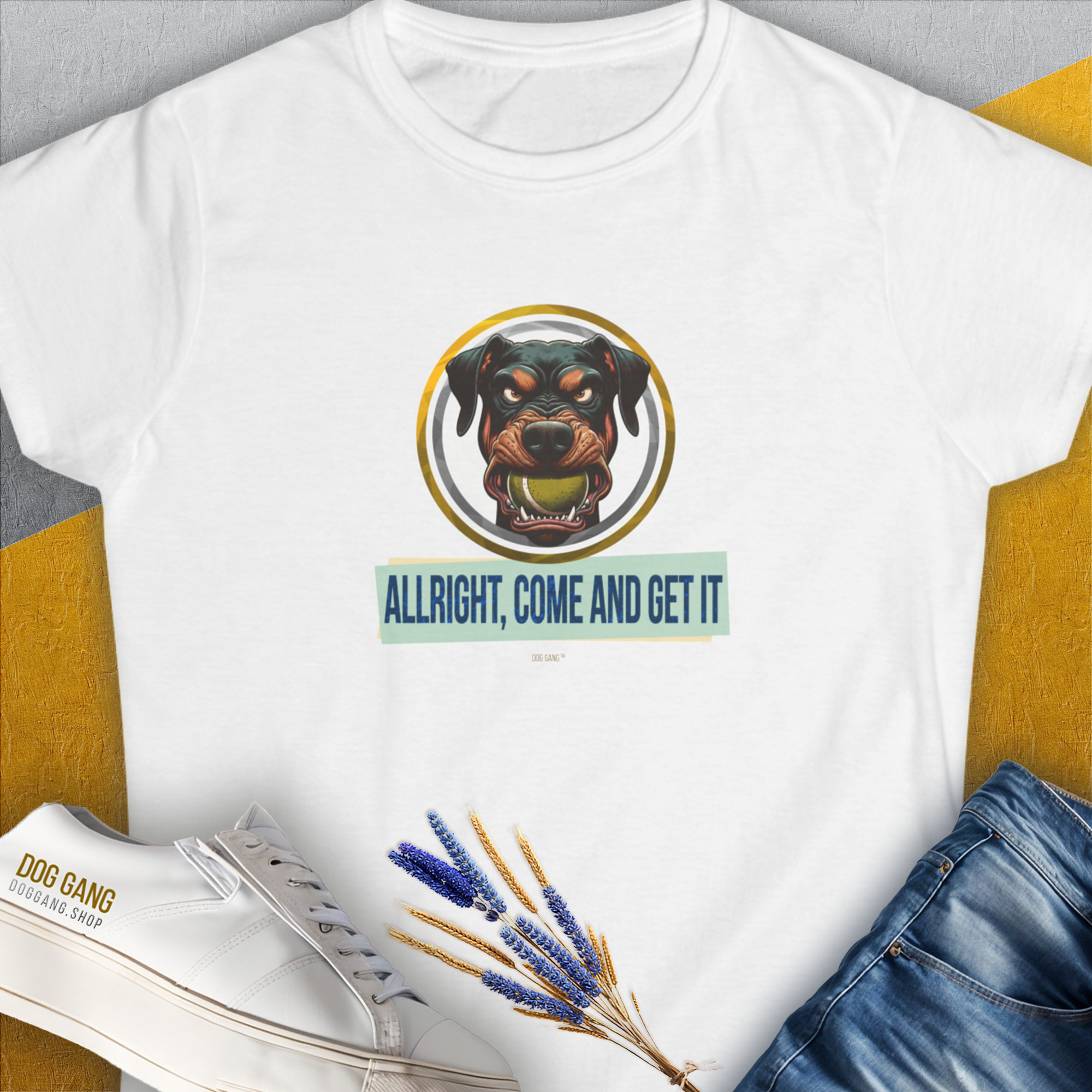 The Allright Come And Get It, Volume 2 Womens T-Shirt in white showcases a grumpy dog design with a playful canine face and the quote ALL RIGHT, COME AND GET IT. Designed by Dog Gang.