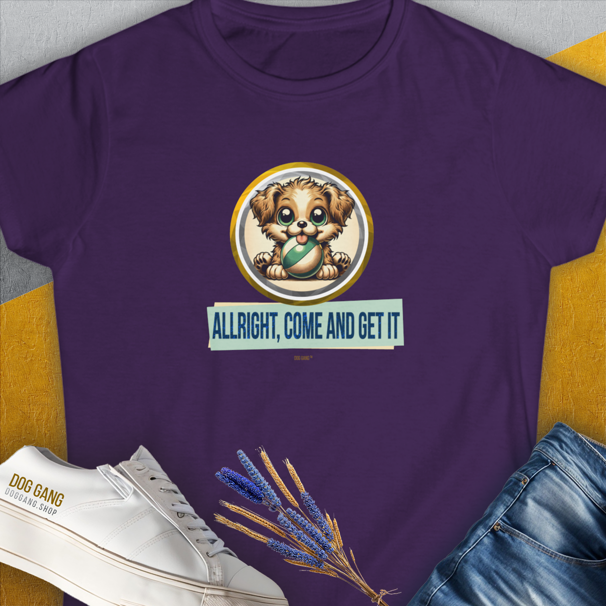 The purple womens T-shirt features a cute cartoon puppy with the text Allright Come And Get It, Volume 4. A perfect choice for a dog lover gift. Designed by Dog Gang.