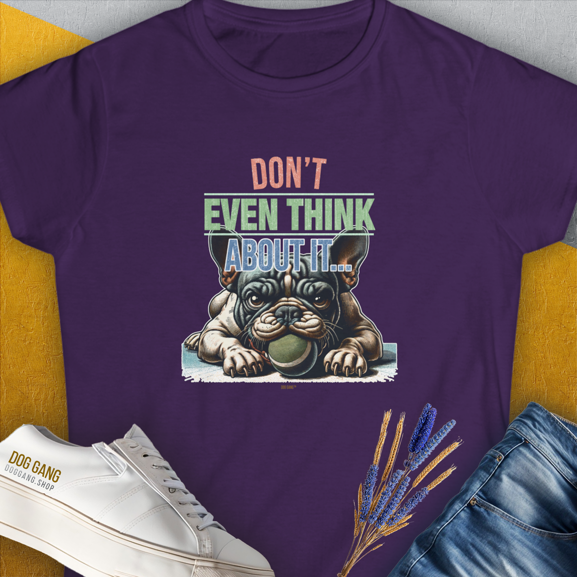 The "Dont Even Think About It...", Volume 2 from the popular series of the same name, womens tee, featuring a funny cartoon pug guarding a fetch ball. Designed by Dog Gang.