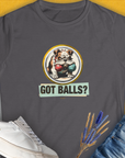 Charcoal Got Balls? Volume 1 womens T-shirt features a bulldog graphic holding balls, perfect for a dog lover. Made from soft ringspun cotton for comfort. Designed by Dog Gang.