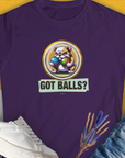 The Got Balls? Volume 2 Womens T-Shirt in purple showcases a playful bulldog graphic with the text Got Balls?, perfect for dog lovers. Designed by Dog Gang.
