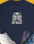 The Got Balls? Volume 4 womens navy tee is semi-fitted with a bulldog graphic and Got Balls? text. Perfect for a dog lover with a sense of humor. Designed by Dog Gang.