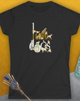 The I Love Dogs - Series I, Volume 1 black semi-fitted womens T-shirt presents a cute dog design featuring the phrase I love dogs, with each letter creatively formed from dog illustrations. Accompanied by a pouch labeled Dog Gang, the design is perfect for any dog lover or passionate dog person looking to express their affection for furry friends. Crafted from ringspun cotton, it ensures ultimate comfort. Designed by Dog Gang.