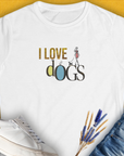 The I LOVE DOGS tee features bold text in vibrant yellow, perfect for a funny dog shirt. Designed by Dog Gang.