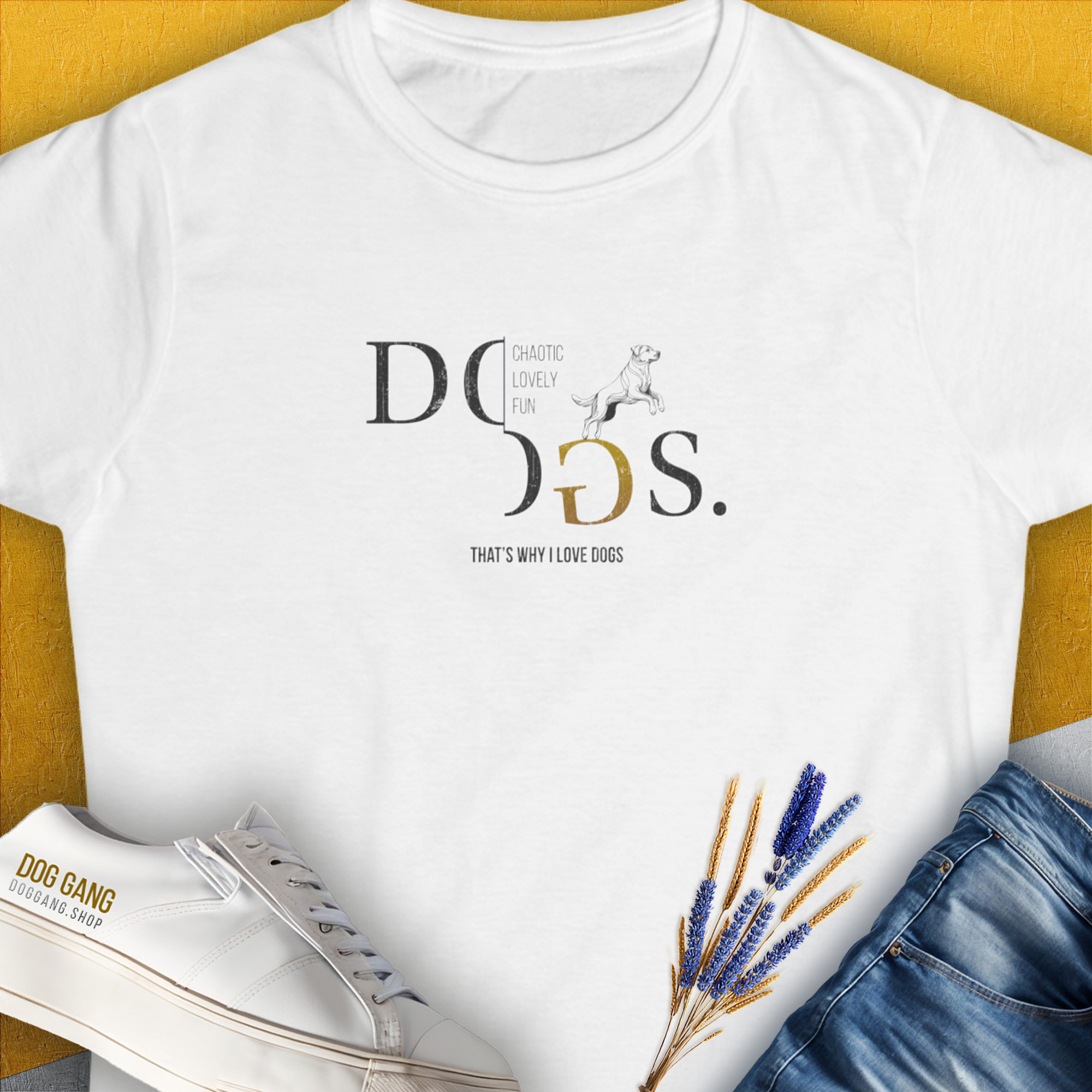 Funny dog shirt with bold DOGS text on a yellow backdrop. This is a playful design perfect for any dog lover. Designed by Dog Gang.