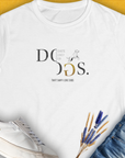 Funny dog shirt with bold DOGS text on a yellow backdrop. This is a playful design perfect for any dog lover. Designed by Dog Gang.