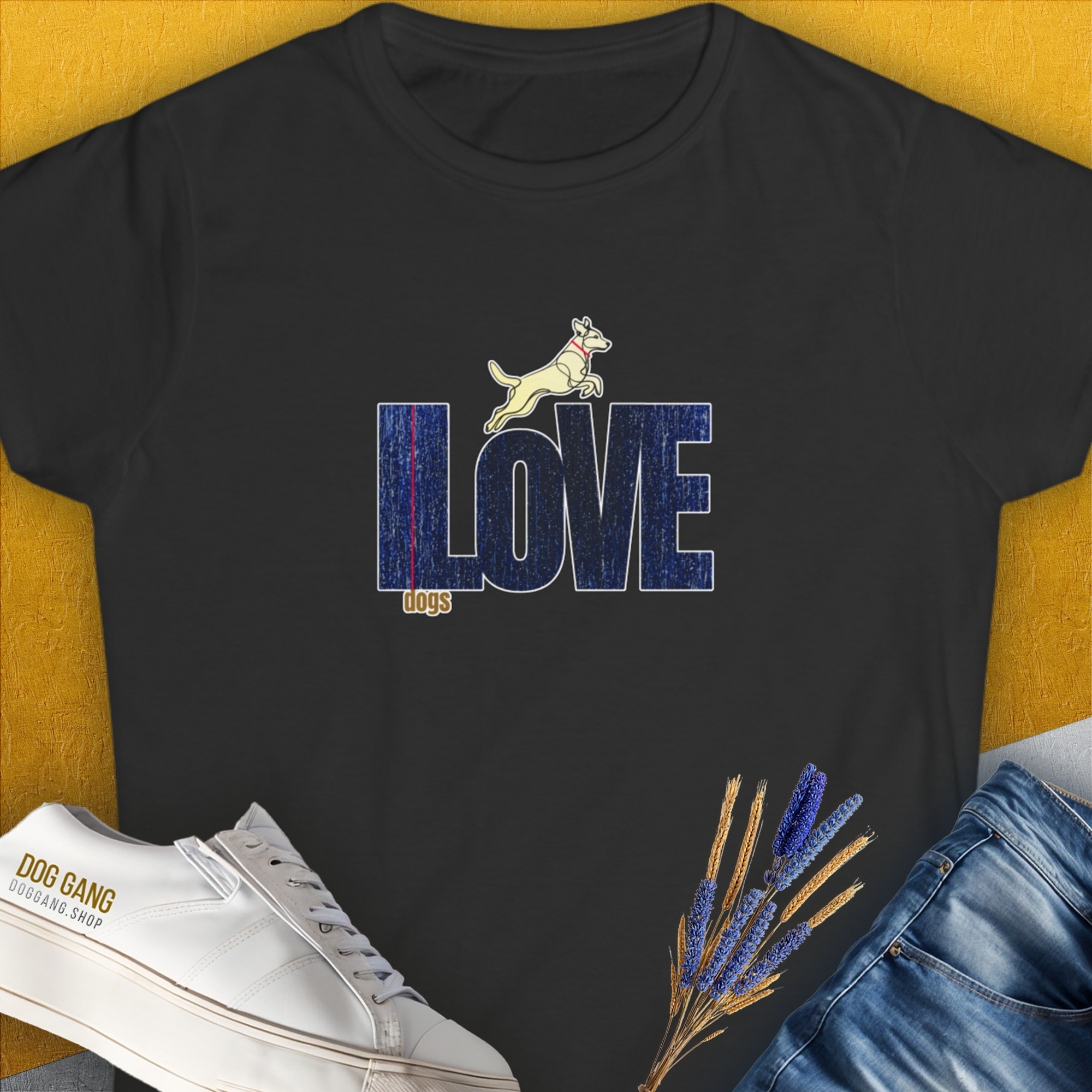 The I Love Dogs - Series I, Volume 7 womens t-shirt in black showcases a jumping dog graphic, adding a cute dog design for any dog lover. Designed by Dog Gang.