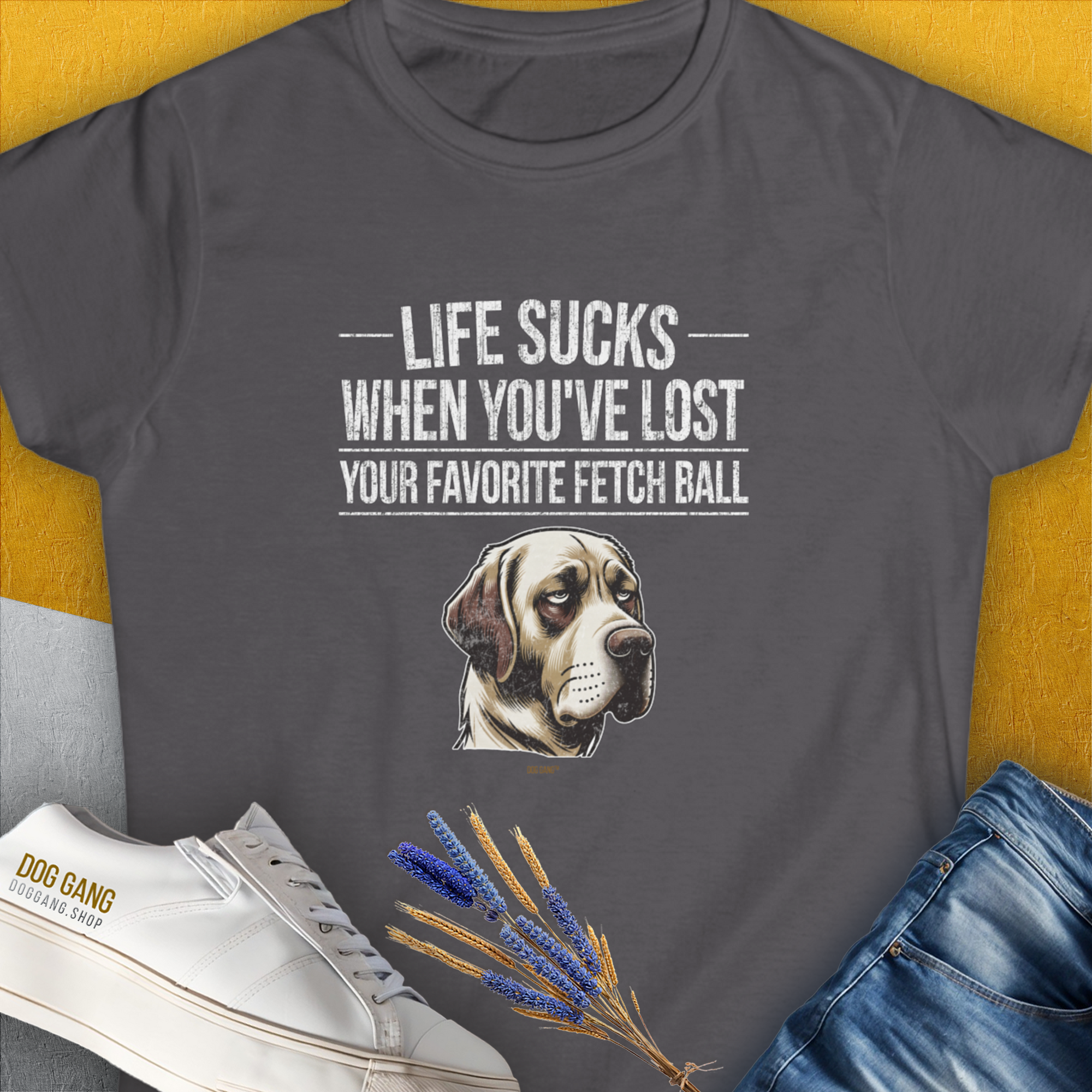 Life Sucks When You&#39;ve Lost Your Favorite Fetch Ball, Volume 1, Women&#39;s T-Shirt-Charcoal. For dog lovers and dog owners. Design by Dog Gang