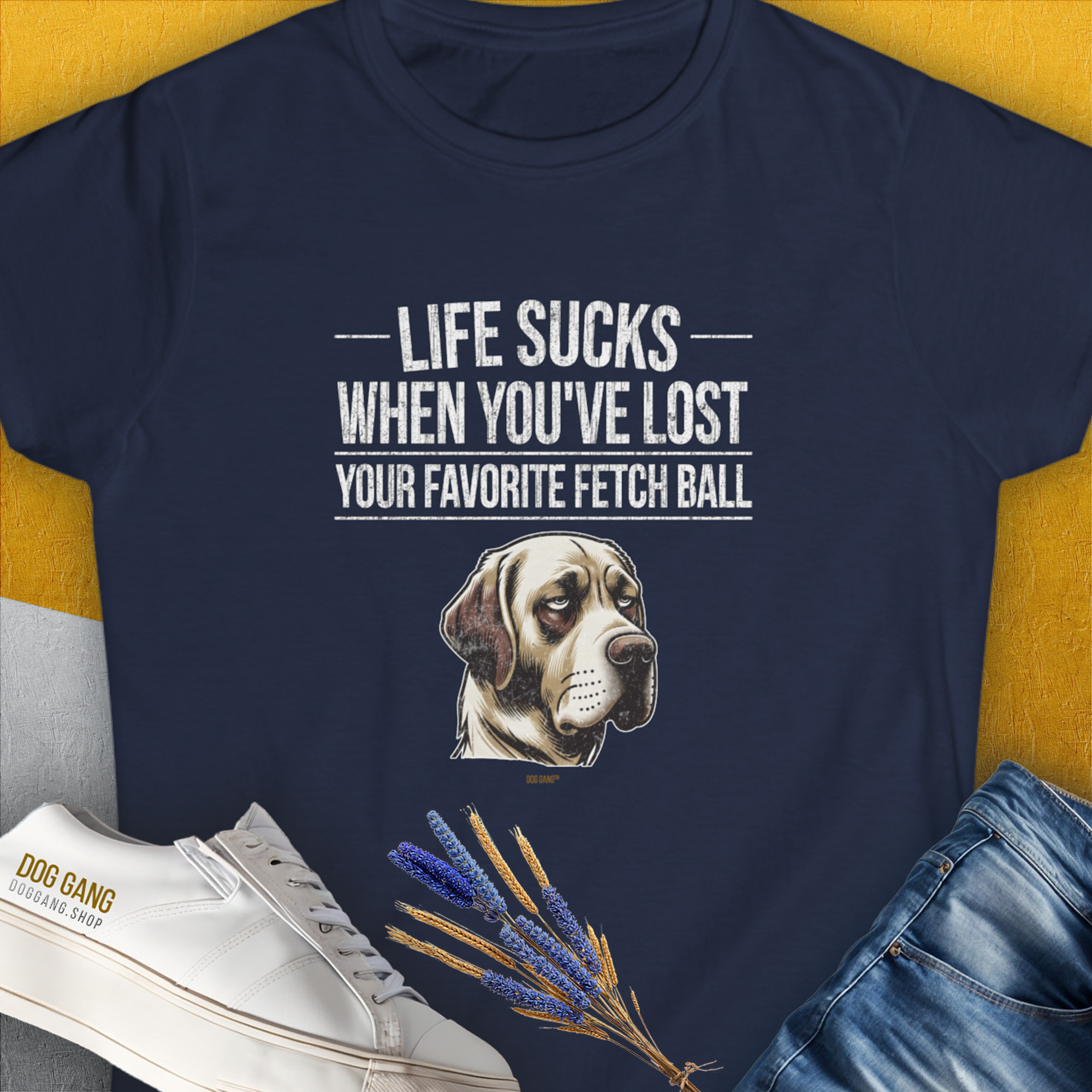 Life Sucks When You&#39;ve Lost Your Favorite Fetch Ball, Volume 1, Women&#39;s T-Shirt-Navy. A dog-themed Design from Dog Gang