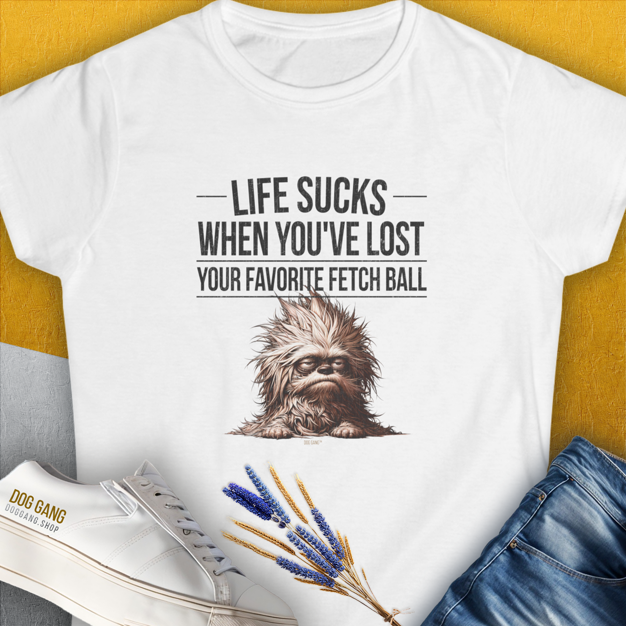 Life Sucks When You&#39;ve Lost Your Favorite Fetch Ball, Volume 3, Women&#39;s T-Shirt-White. For dog lovers and dog owners. Design by Dog Gang