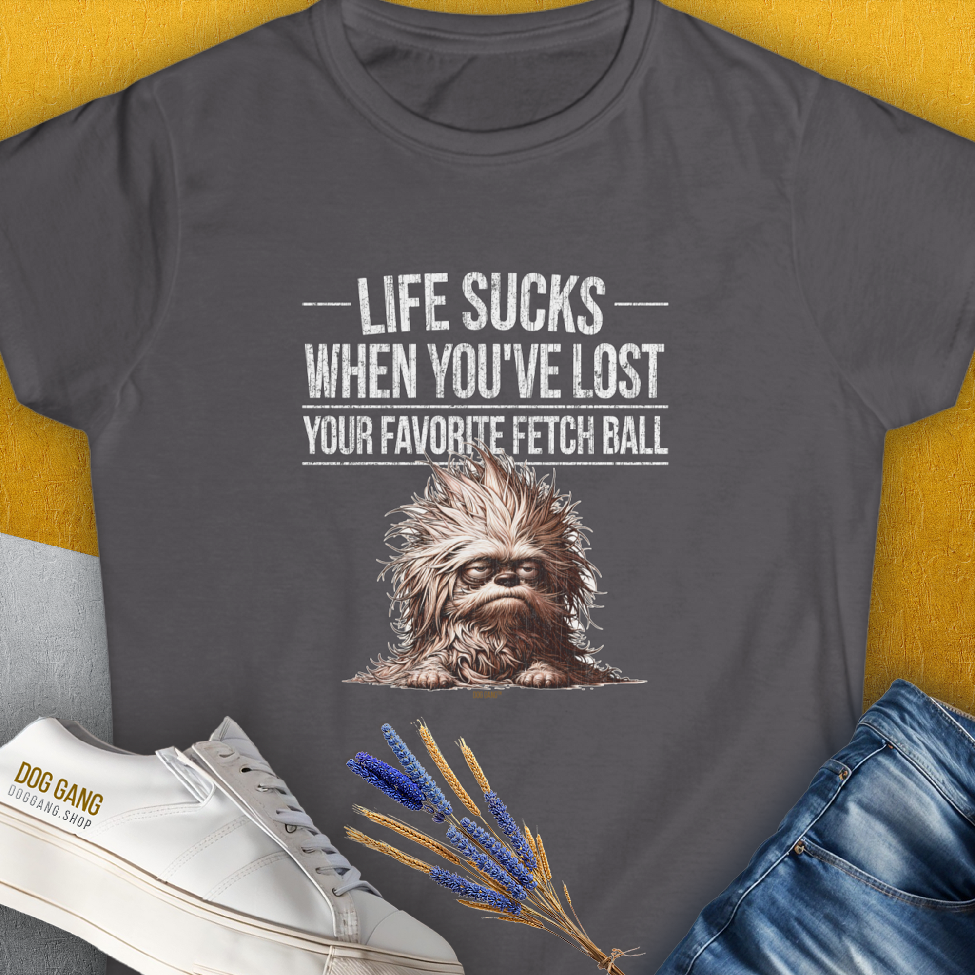 Life Sucks When You&#39;ve Lost Your Favorite Fetch Ball, Volume 3, Women&#39;s T-Shirt-Charcoal. A dog-themed Design from Dog Gang