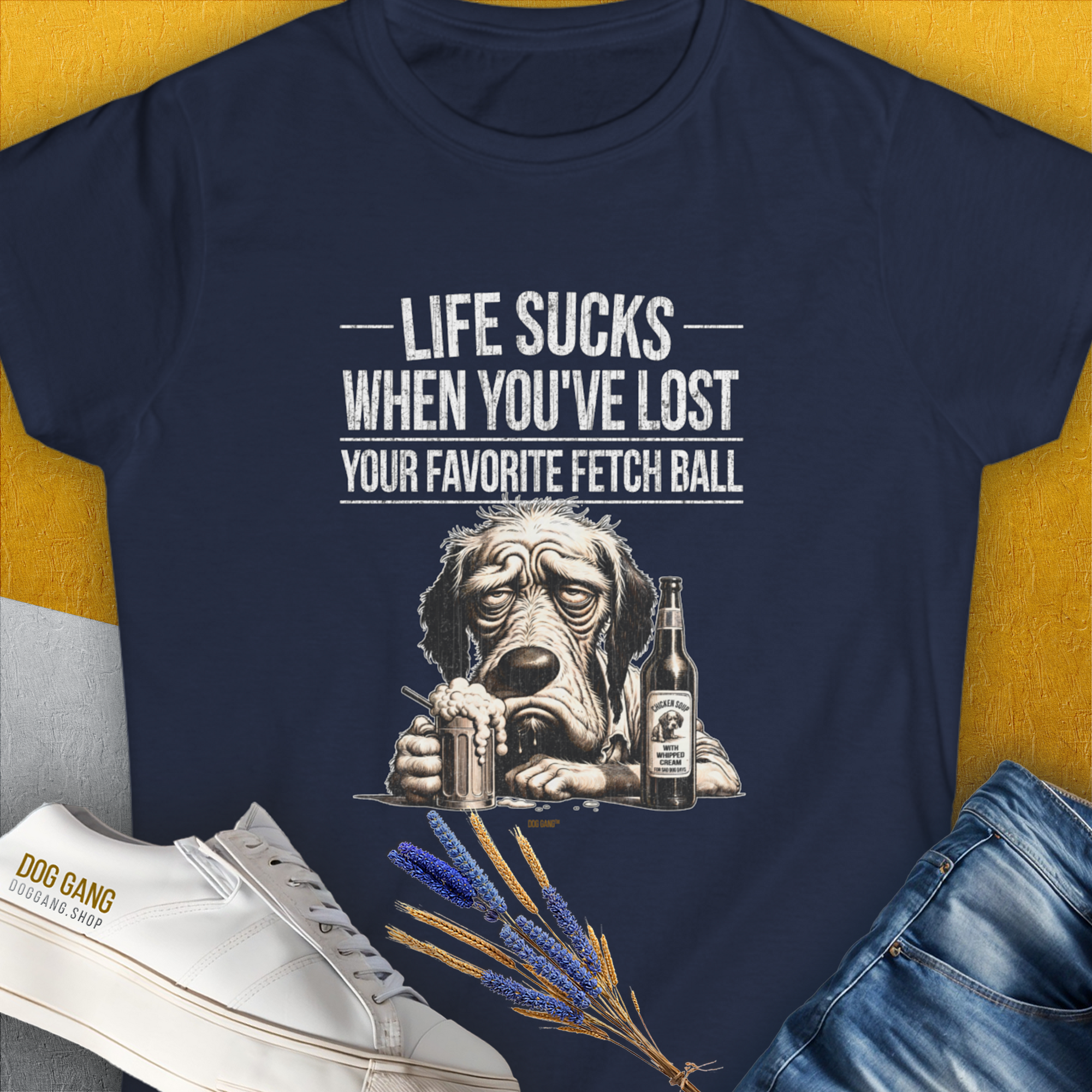 Life Sucks When You've Lost Your Favorite Fetch Ball, Volume 5, Women's T-Shirt-Navy. A dog-themed Design from Dog Gang