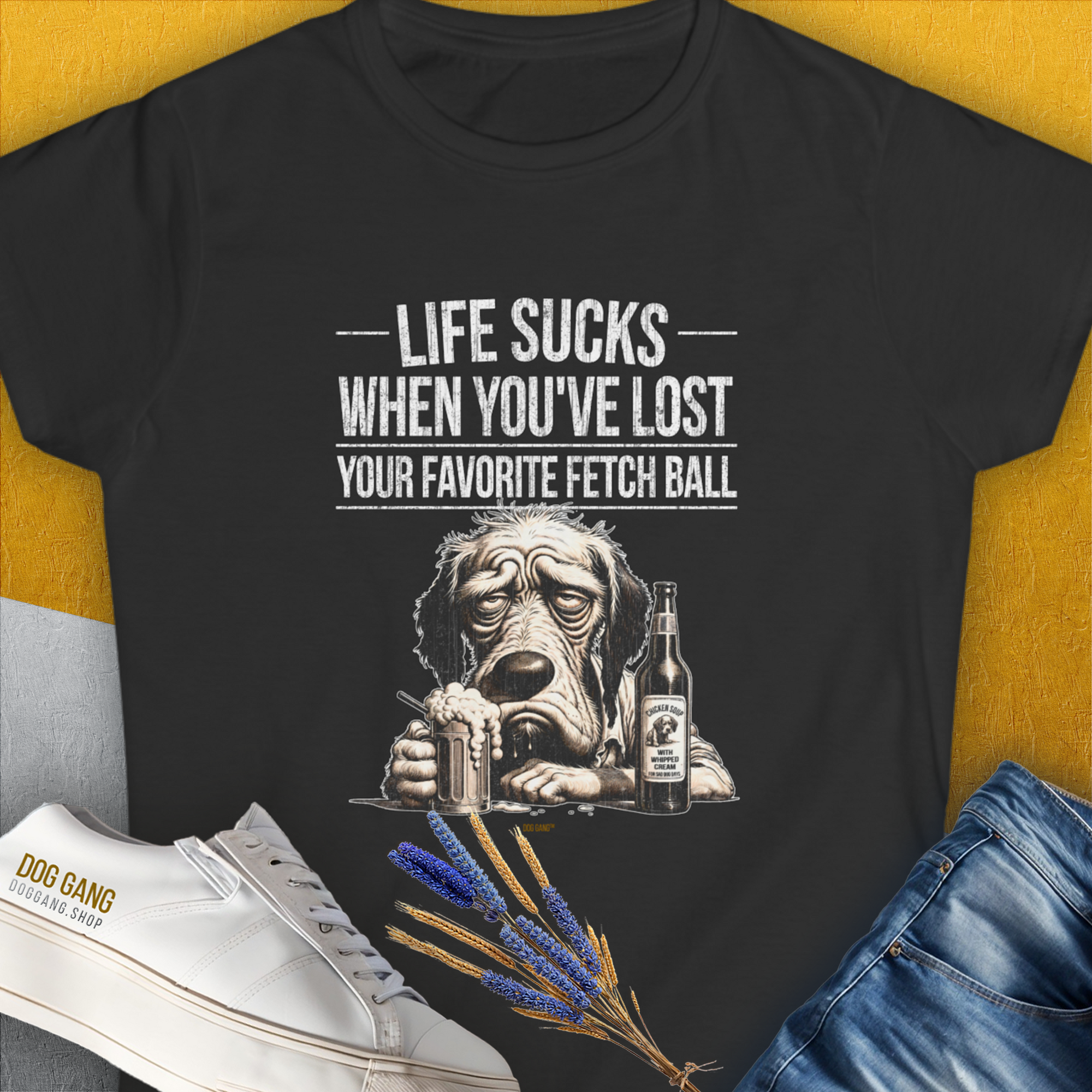 Life Sucks When You&#39;ve Lost Your Favorite Fetch Ball, Volume 5, Women&#39;s T-Shirt-Black. A perfect gift for dog lovers and dog owners. Design by Dog Gang