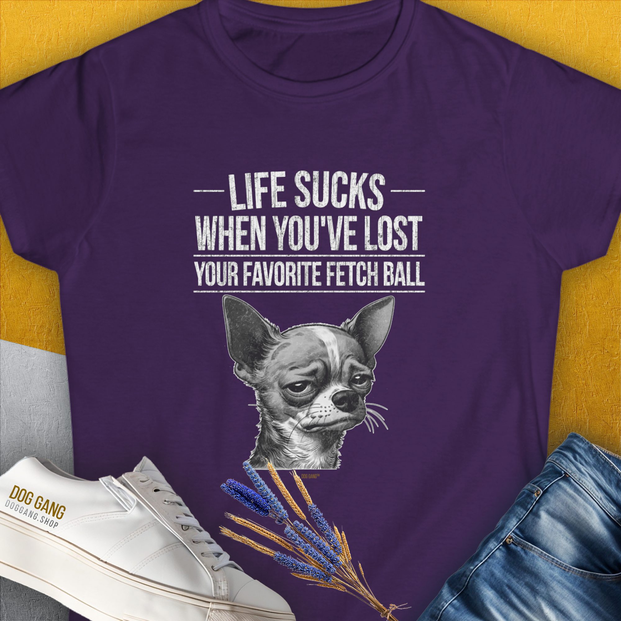 Life Sucks When You&#39;ve Lost Your Favorite Fetch Ball, Volume 6, Women&#39;s T-Shirt-Purple. A perfect gift for dog lovers and dog owners. Design by Dog Gang