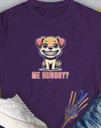 The Me Hungry? Volume 1 Womens T-Shirt in semi-fitted purple ringspun cotton features a cute dog design with a cartoon smiling dog and the funny saying Me Hungry? Designed by Dog Gang.