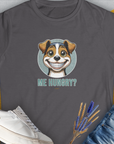 Charcoal Softstyle tee Me Hungry? Volume 4 with a grinning dog graphic and ME HUNGRY? text. Perfect for any dog lover. Designed by Dog Gang.
