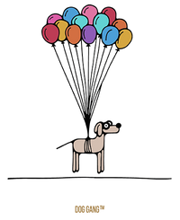 A cartoon dog wearing glasses is being lifted into the air by a bunch of colorful balloons tied to its back. The balloons are red, pink, purple, blue, orange, and yellow. The background is plain white.