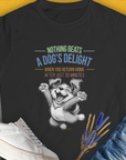 Nothing Beats A Dog's Delight When You Return Home, Volume 1, Women's T-Shirt-Black. A perfect gift for dog lovers and dog owners. Design by Dog Gang
