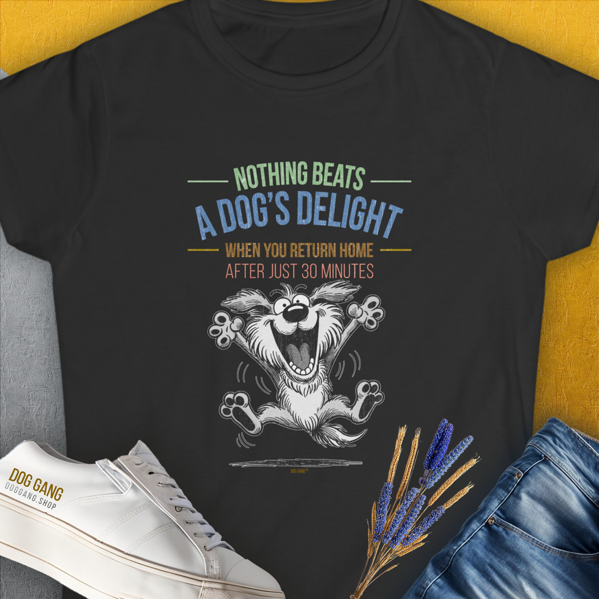 Nothing Beats A Dog's Delight When You Return Home, Volume 2, Women's T-Shirt-Black. A perfect gift for dog lovers and dog owners. Design by Dog Gang