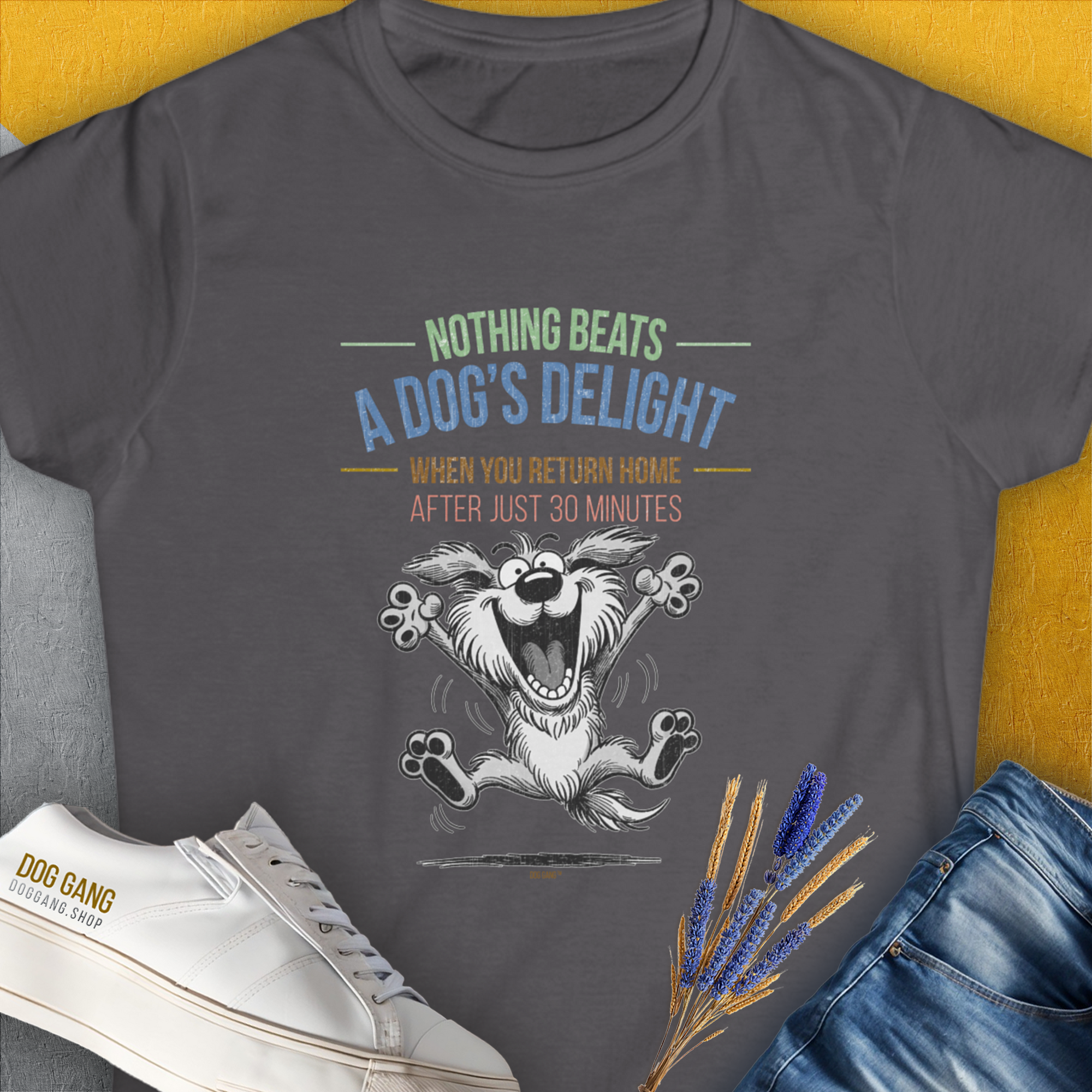 Nothing Beats A Dog's Delight When You Return Home, Volume 2, Women's T-Shirt-Charcoal. A dog-themed Design from Dog Gang