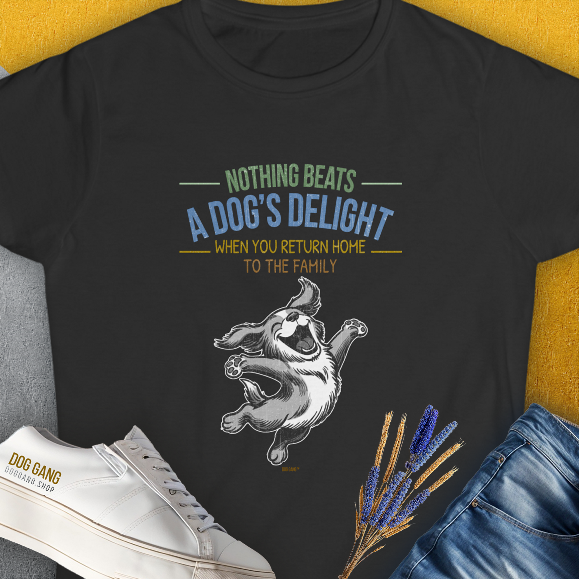 Nothing Beats A Dogs Delight When You Return Home, Volume 3 T-shirt showcases a playful dog illustration with a vintage design quote. Perfect for any dog person. Designed by Dog Gang.