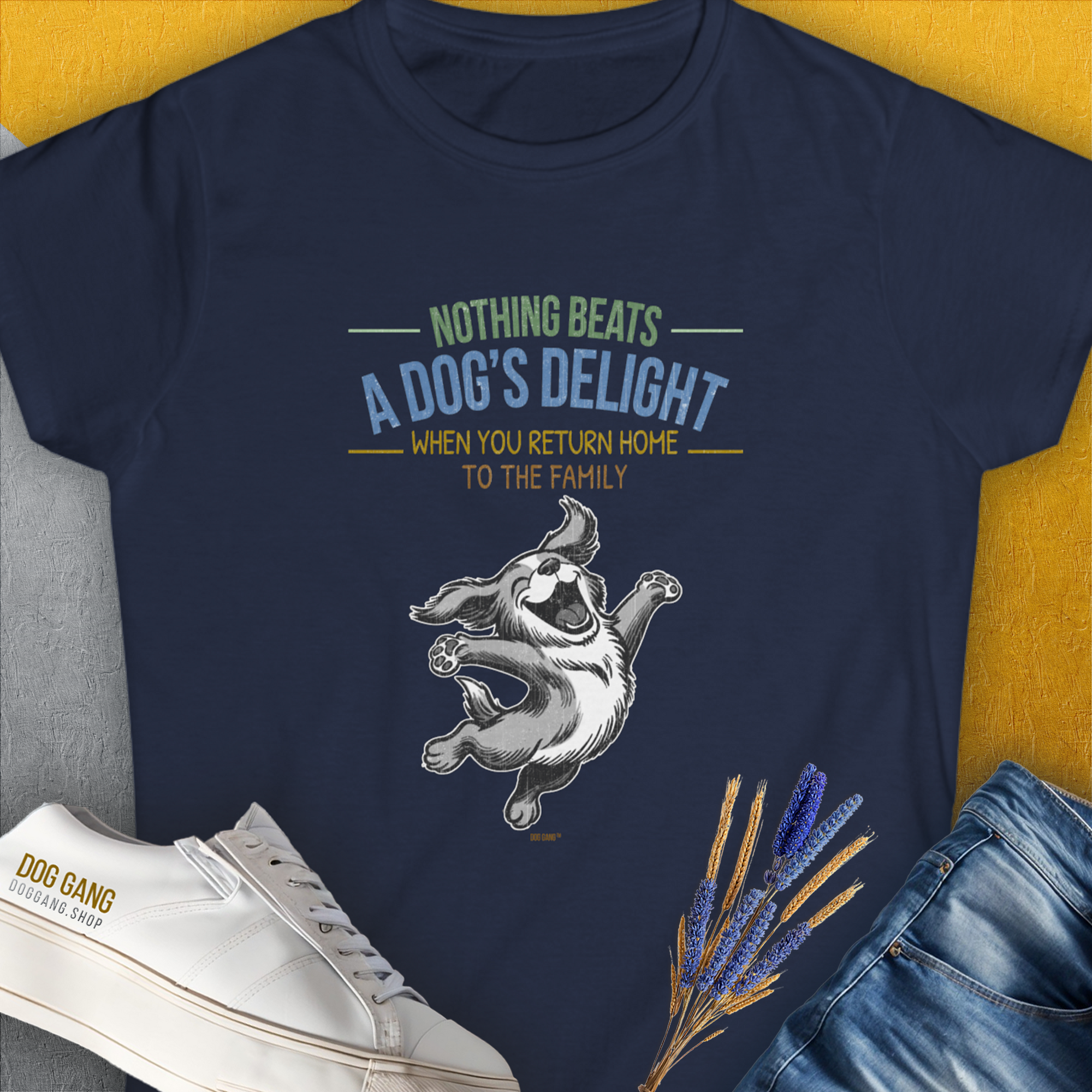 Nothing Beats A Dog's Delight When You Return Home, Volume 3, Women's T-Shirt-Navy. A perfect gift for dog lovers and dog owners. Design by Dog Gang