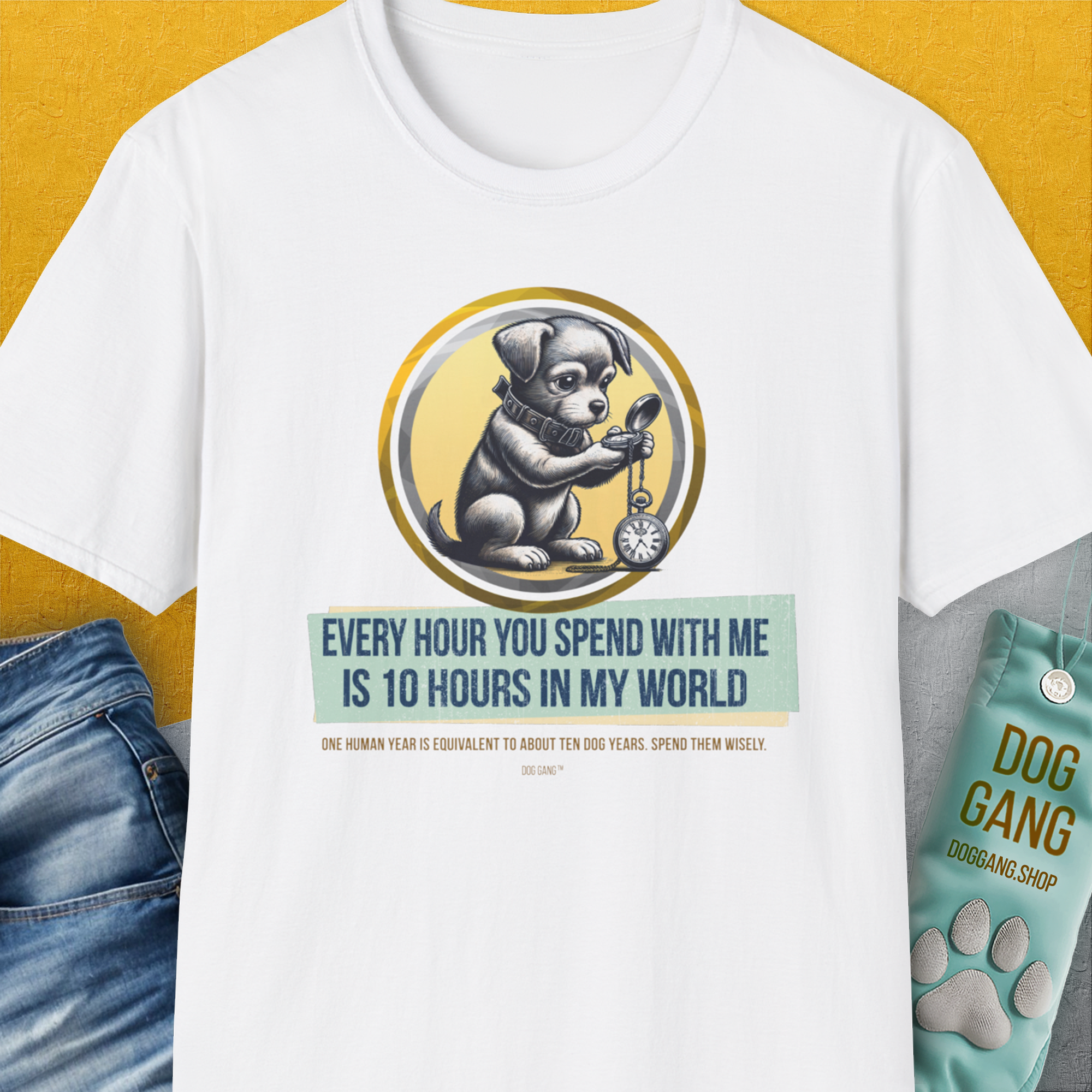 One Human Year = Ten Dog Years, Volume 1, Unisex T-Shirt-White. A perfect gift for dog lovers and dog owners. Design by Dog Gang