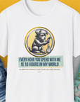 One Human Year = Ten Dog Years, Volume 1, Unisex T-Shirt-White. A perfect gift for dog lovers and dog owners. Design by Dog Gang