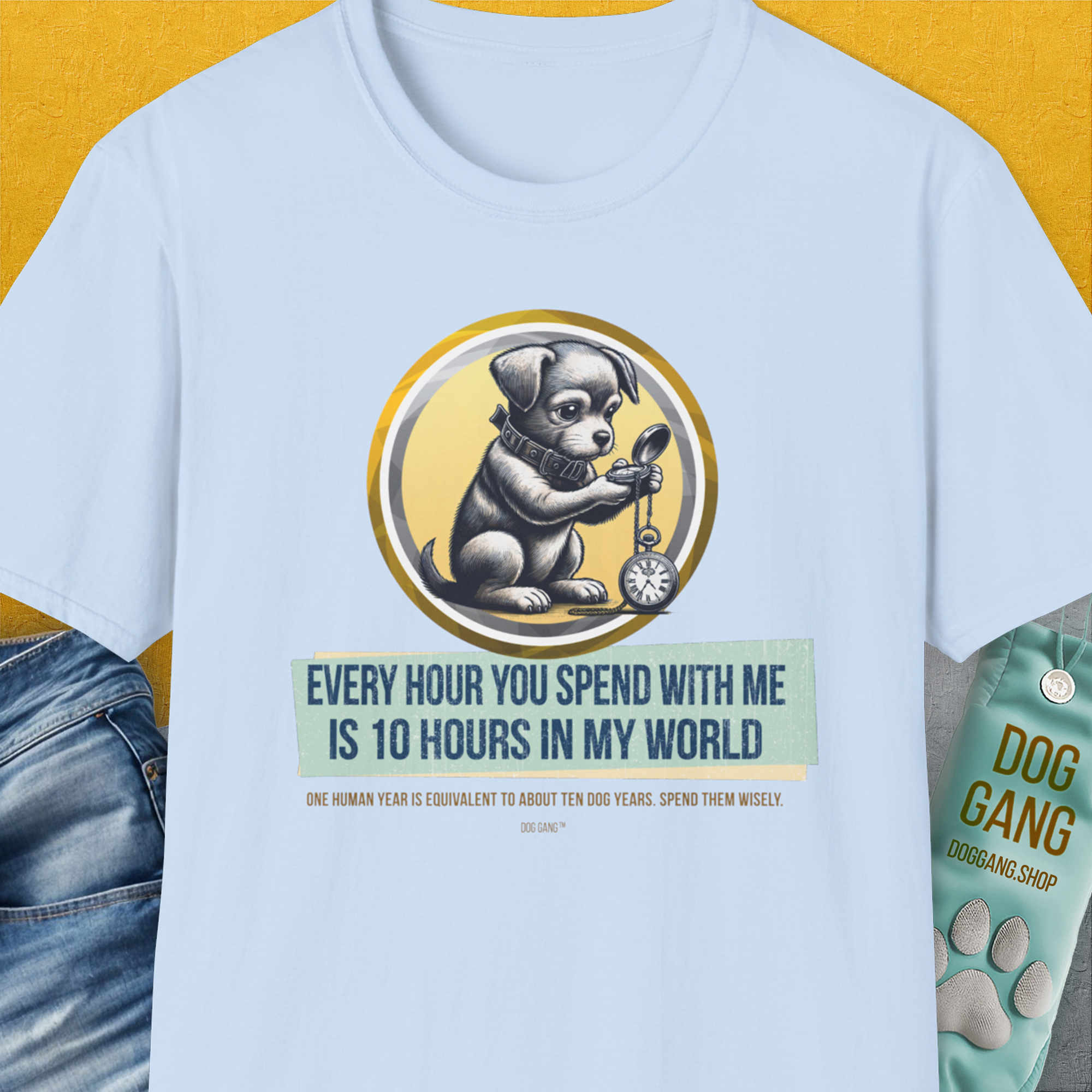 One Human Year = Ten Dog Years, Volume 1, Unisex T-Shirt-Light Blue-Design made by Dog Gang