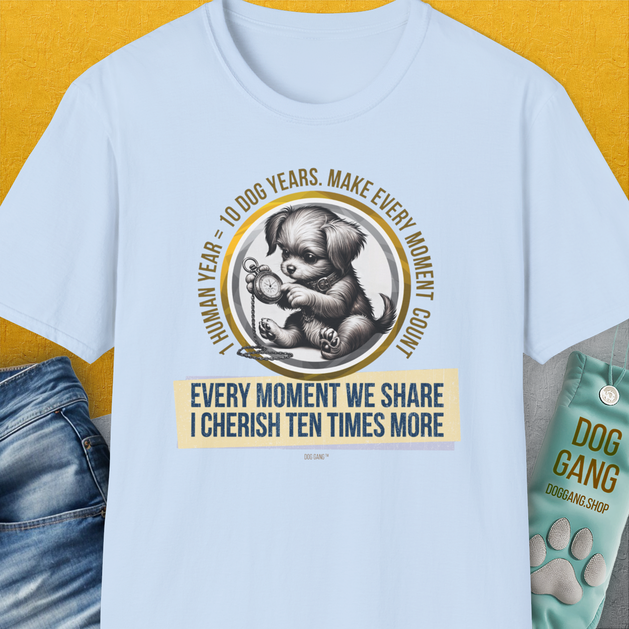 One Human Year = Ten Dog Years, Volume 4, Unisex T-Shirt-Light Blue-Design made by Dog Gang